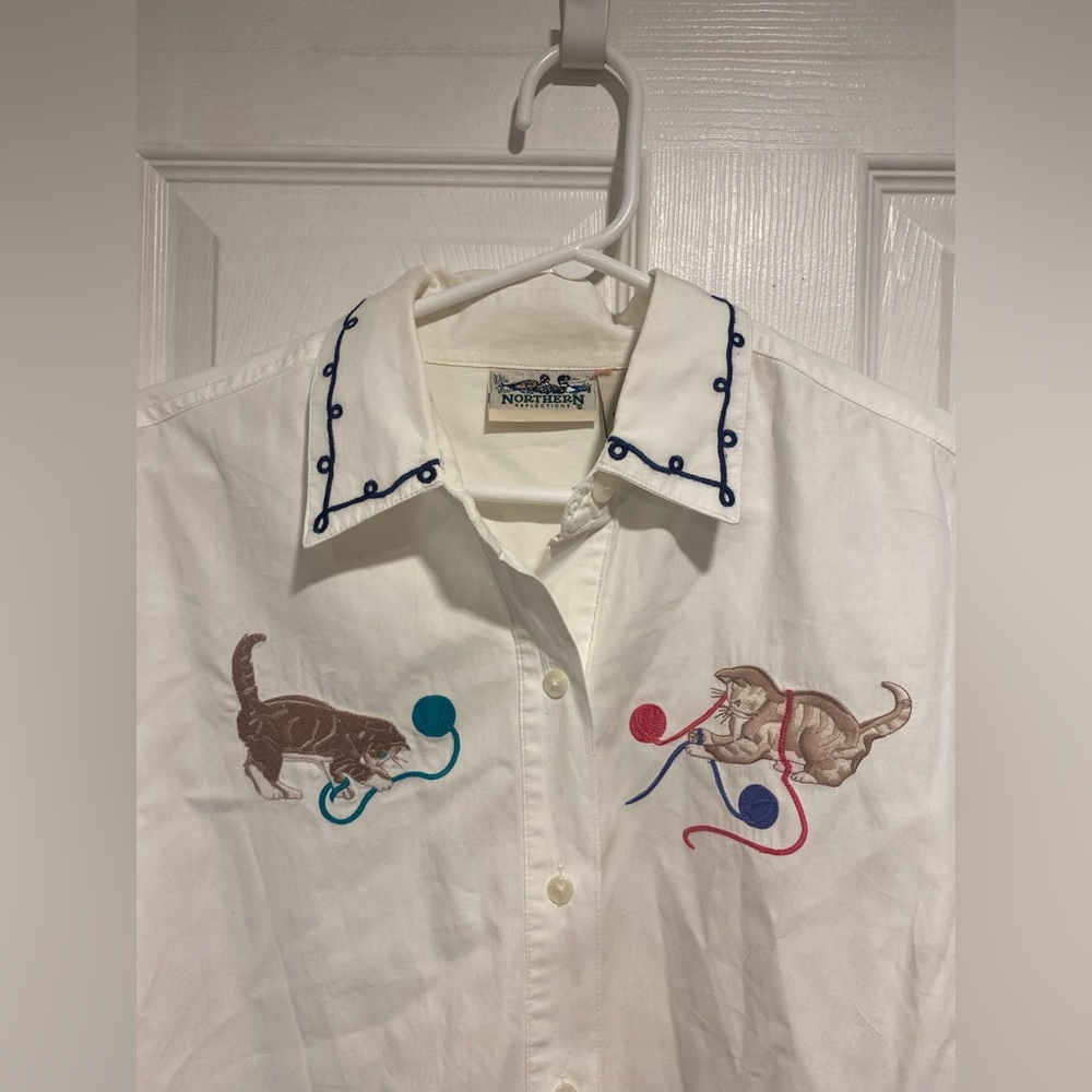 Vintage Northern Reflections Embroidered Cat Button-Down Shirt L - Picture 3 of 7